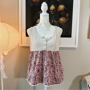 Prana cream & pink boho floral eyelet Effie tank M